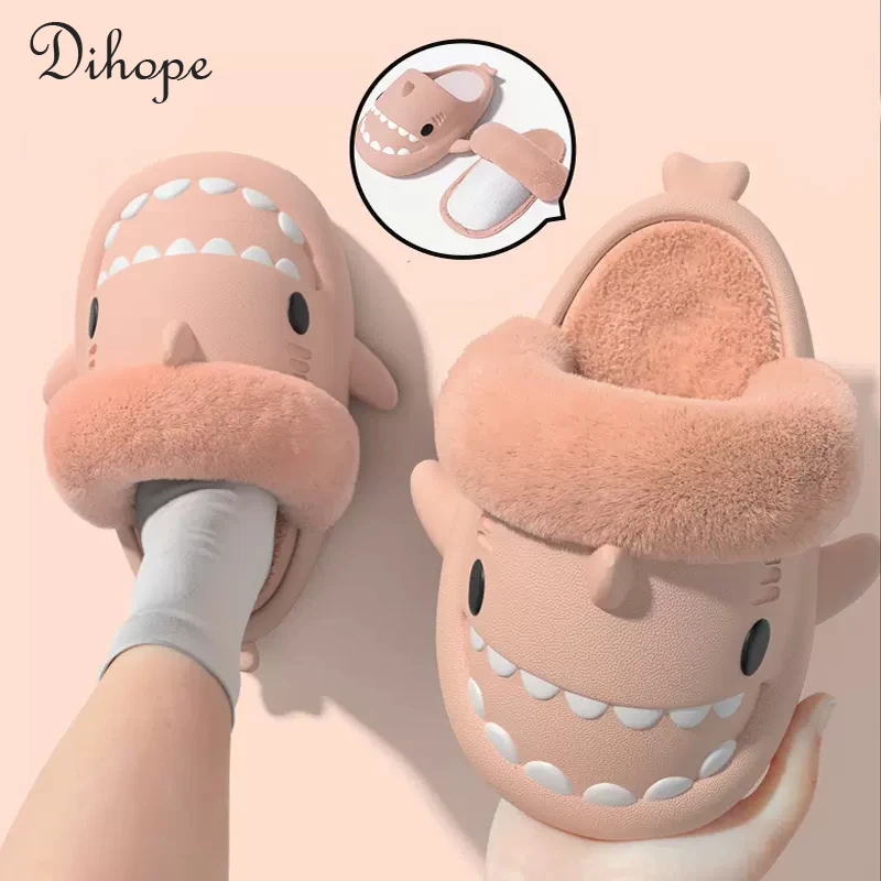 

Women Winter Waterproof Slippers Cartoon Shark Plush Slipper Faux Fur Warm Non-Slip Furry Home Shoes Indoor Outdoor Funny Slides