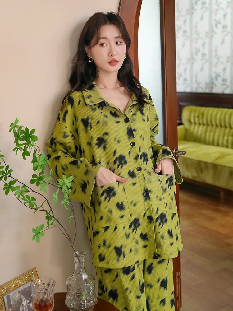 Pajamas Women's Autumn and Winter Knitted Green High-Grade Casual Suit Loose Long Sleeve Home Wear Can Be Worn outside