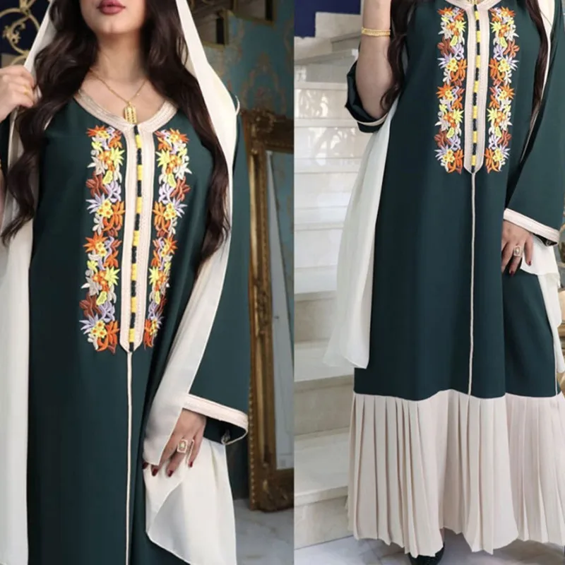 

2022 Muslim Fashion Middle East Four Seasons Universal Embroidered Lace Chiffon Dubai Robe For Women