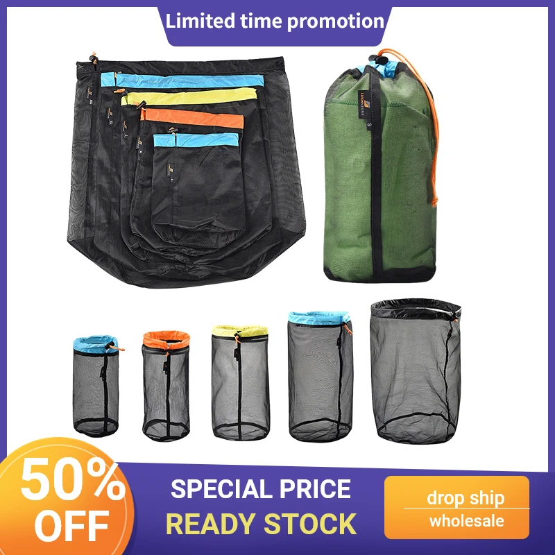 

Ultralight Mesh Storage Bag Drawstring Bags Portable Outdoor Stuff Sack Camping Traveling Organizer Hiking Tool Accessories 5siz