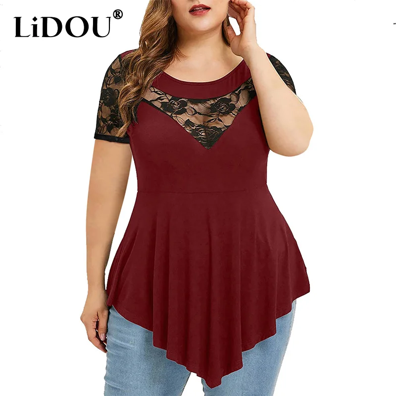 

Summer Fashion Solid Lace Plus Size T-shirt Women Oversized Jacquard Perspective Irregular Hem Casul Short Sleeve Lady Tops Tee