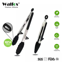 walfos bpa free food tongs with silicone tip and stand premium sturdy 12 inch and 9 inch stainless steel locking kitchen tongs