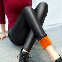2022 high waist warm gold thick velvet elastic women pu leather pencil pants female winter stretch skinny long trousers