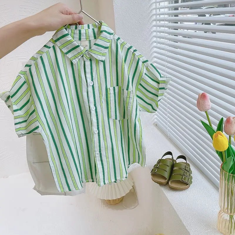 

2023 Summer Thin Baby Boys Shirts Korean Style Striped Short Sleeve Kids Shirts for Shirt Kids Blouse Tops Children Clothing K18