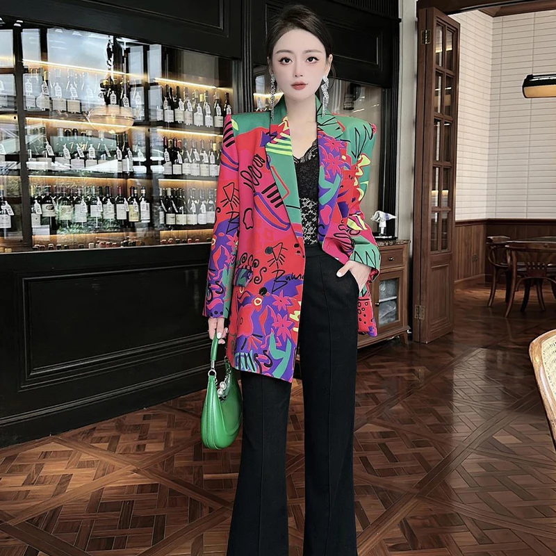 High street style Temperament Printed Suit Jacket 2023 Women Spring New Long-sleeve Casual Bomber fashion Big Size Female Jacket
