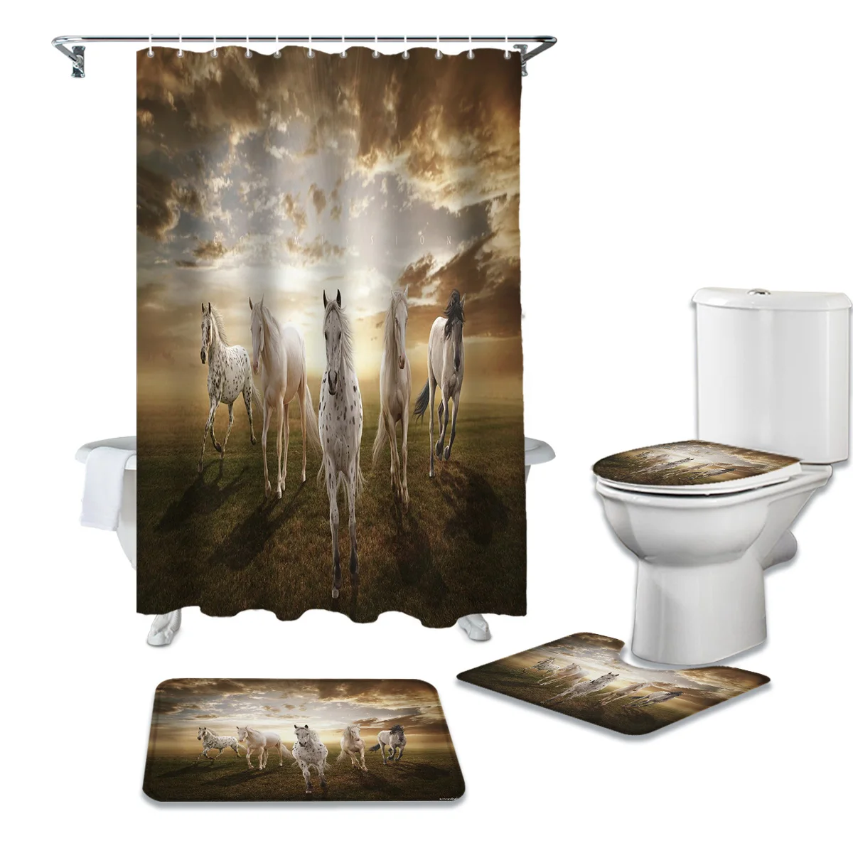 

Prairie White Horse Clouds Print Shower Curtain Set Carpet Cover Toilet Cover Bathroom Mat Bathroom Household