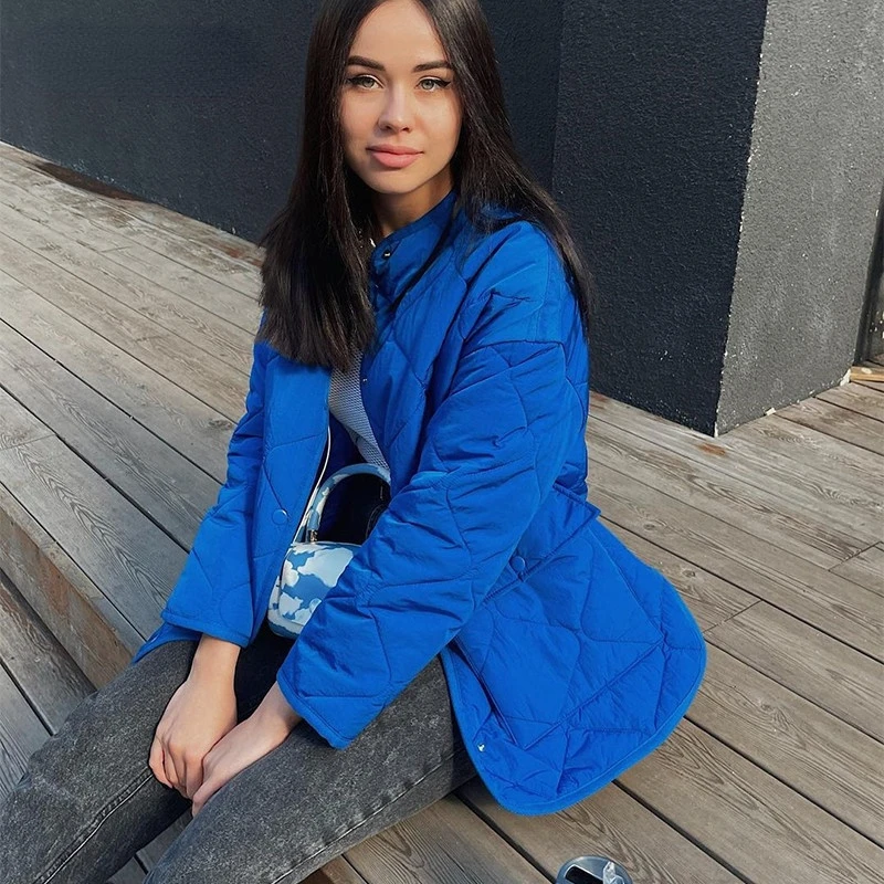 Women's Long-sleeved Warm Fashion 2021 Autumn and Winter New Single-breasted Casual Loose Blue Round Neck Cotton Jacket Women