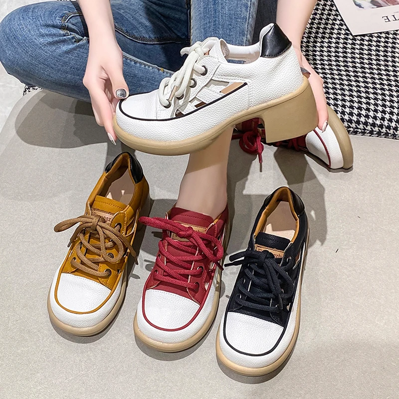 Summer Cut-out Sneakers Woman Feminine High Heel Dress Shoes Ladies Casual Lace-Up Platform Sandals Wide Fit
