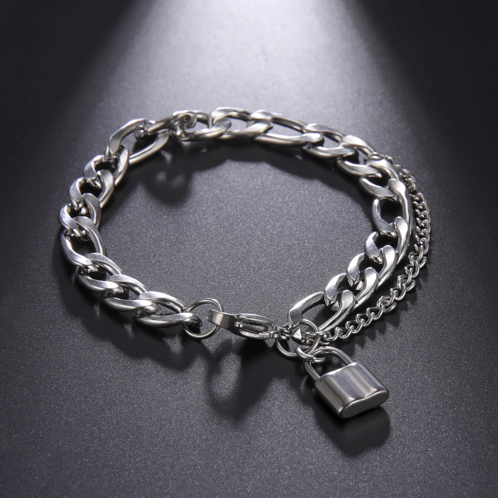 Hip Hop Jewelry for Men Stainless Steel Double Layer Cuban Chain Bracelet for Women Padlock Pendant Jewelry for Party Gift
