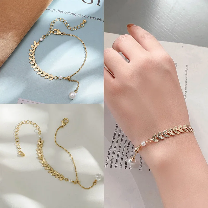 

2022 Trend Charm Bracelet For Women Imitation Pearl Pendant Wheat Ear Asymmetric Chain Bracelet Jewelry Gifts For The New Year