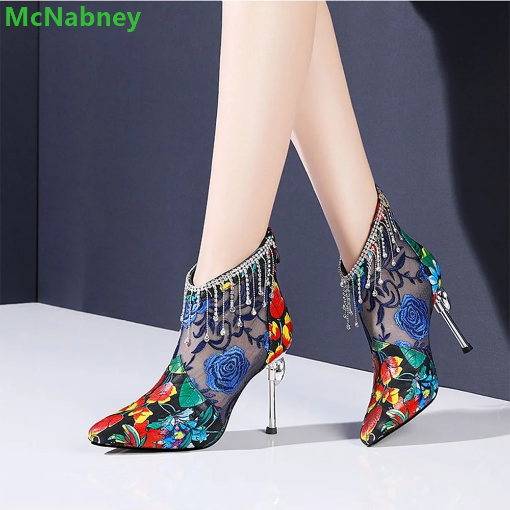 Patchwork Fabric Mesh Embroidery Boots For Women Crystal Design Back Zipper Ankle-High Pointed Toe Thin High Heel Female Shoes