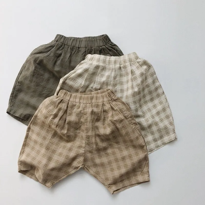 

Boy Simple Plaid Hot Short Pants Children Girl Casual Thin Soft Comfortable Shorts Kid New Loose Cotton Wide Leg Pants