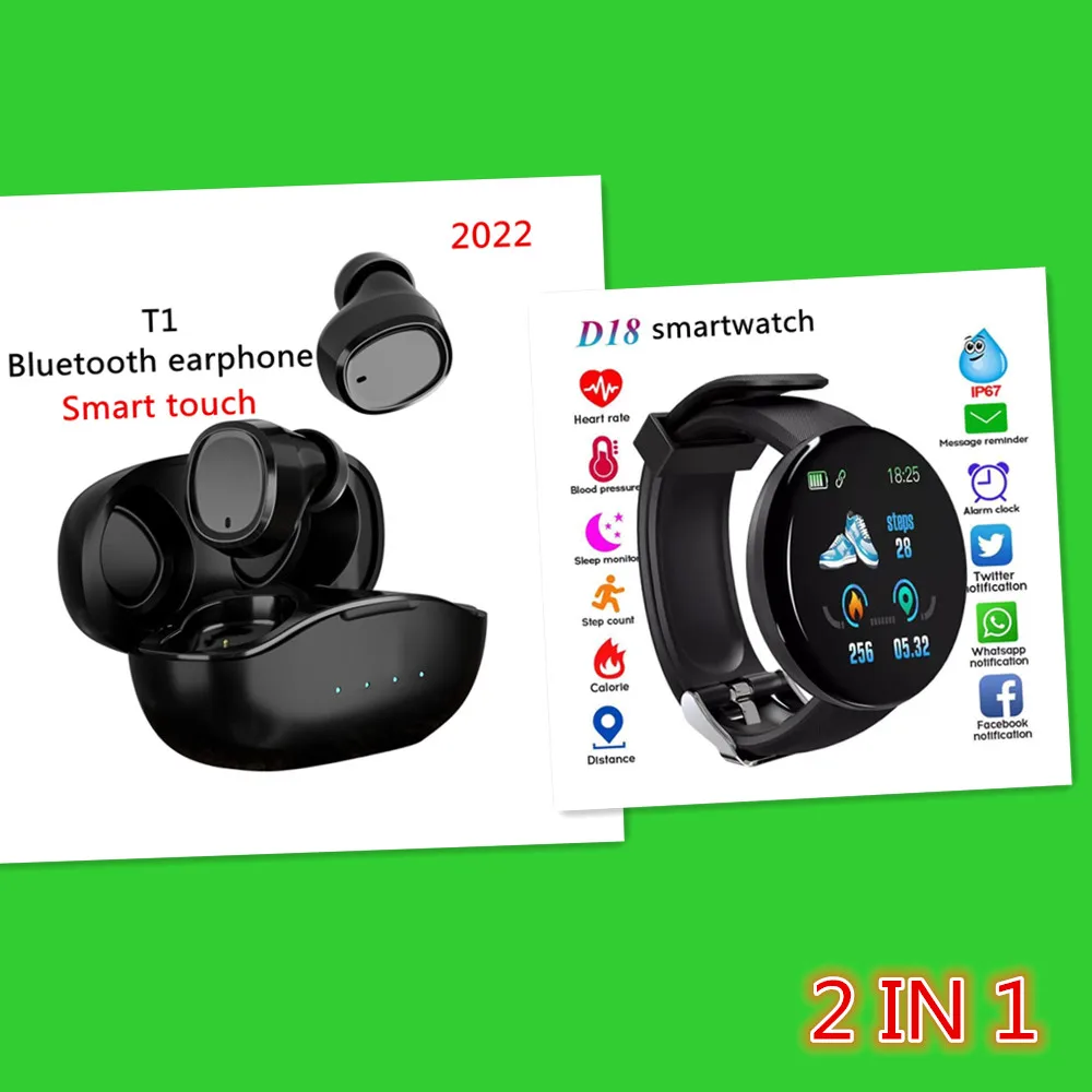Недорогие Bluetooth-наушники 2 в 1 умные часы D18 для спорта фитнеса йоги гарнитура T1
