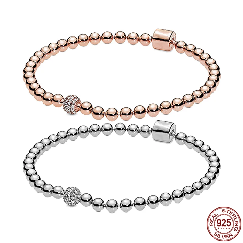 

Rose Gold Simple Bead Chain 925 Sterling Silver Fashion Bead Chain Bracelet fit Original Charm Beads DIY Making Women's Jewelry