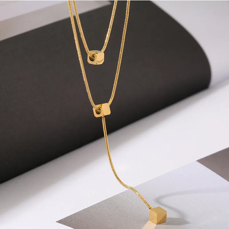 

Fashion Gold Color Square Pendant Multilayer Necklaces 316 Stainless Steel Snake Chain Choker Necklace For Women Jewelry