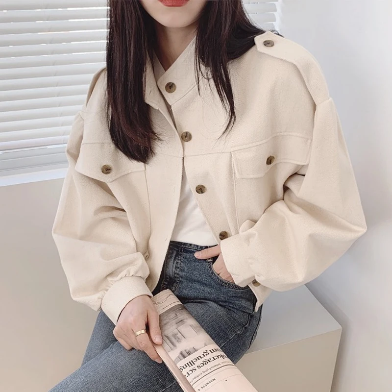

autumn women jacket short tops single breasted pure color student girl wear clothes pocket basic Work casual style short coat