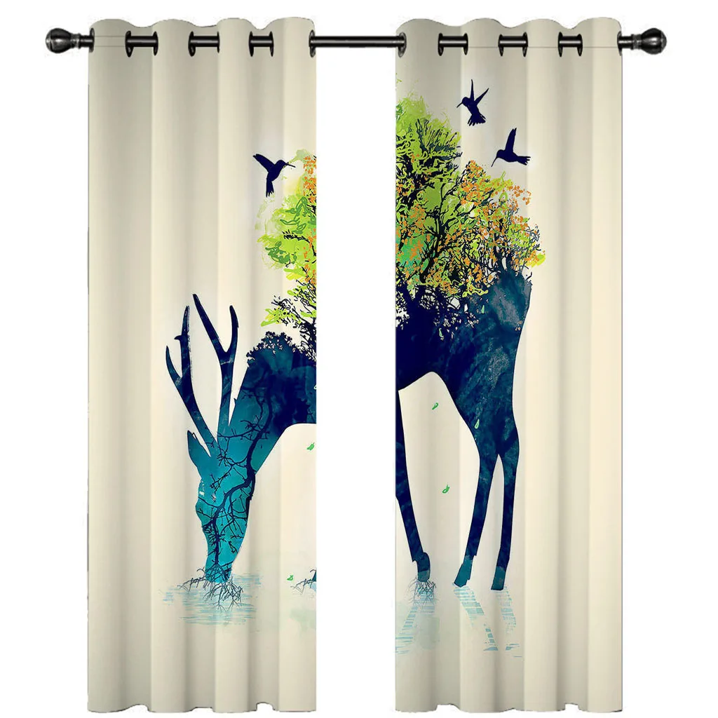 Короткие шторы HUANZHUANG с абстрактным лесом и оленями затенение занавески для