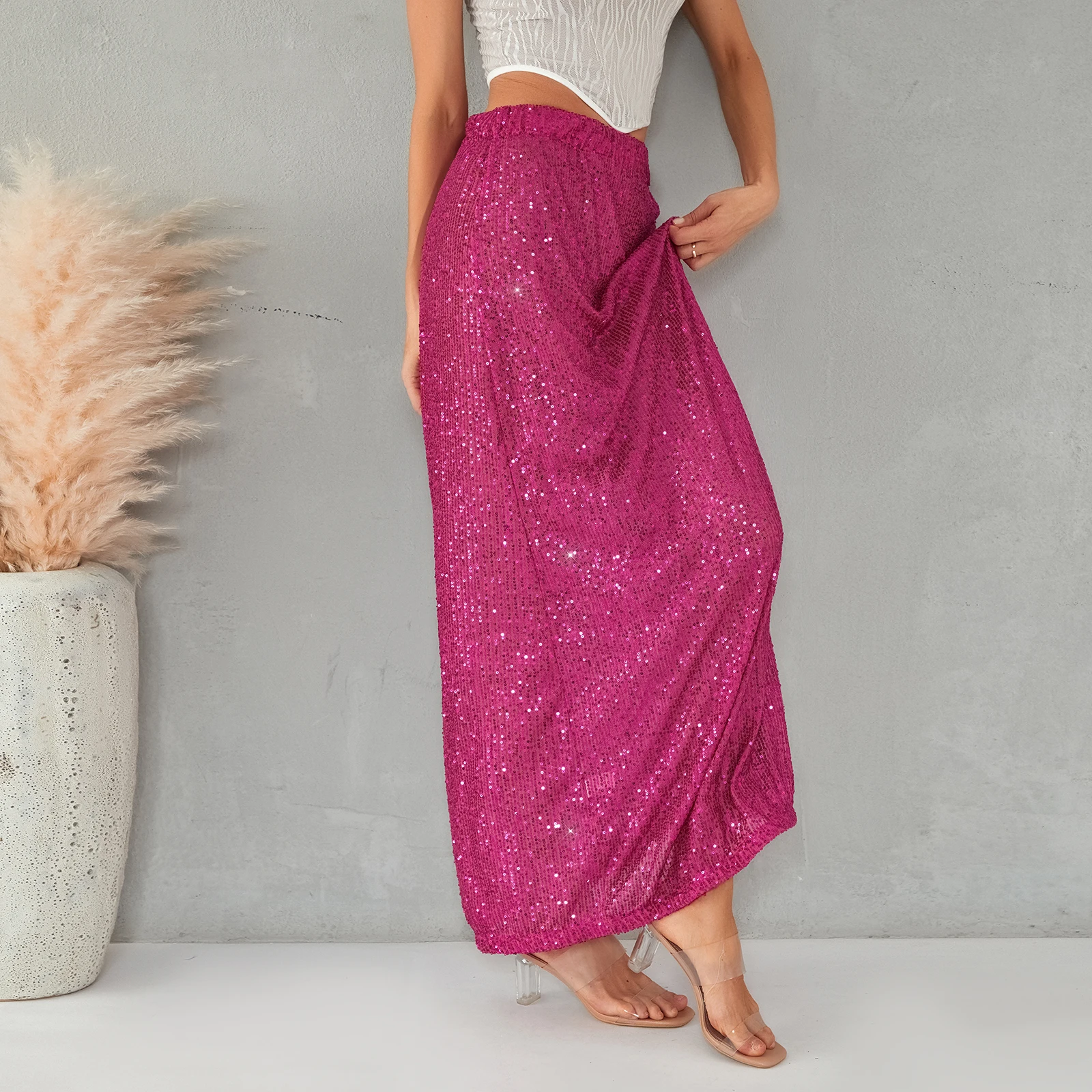 Женская юбка с блестками Элегантная черная трапециевидной формы высокой талией