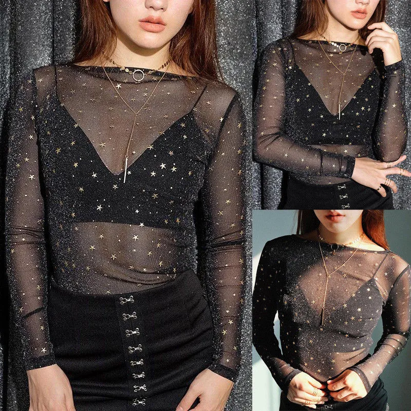 

Women Sexy Transparent Mesh Top Fashion Long Sleeve See Though Tee Shirt Femme Evening Party Club T Shirt Stars Print T Shirt #S