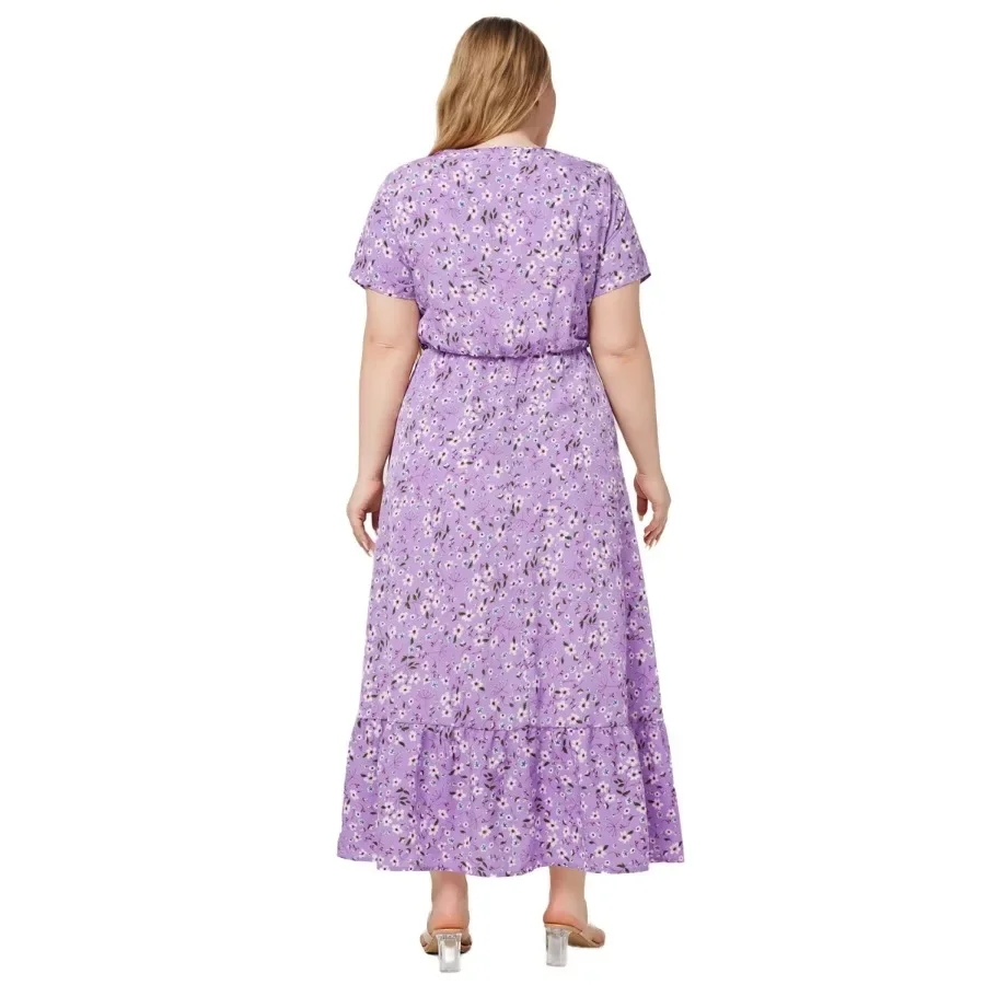 Plus Size Floral Print Short Sleeve O Neck Pockets Bohemian Summer Holiday Beach Dresses For Women