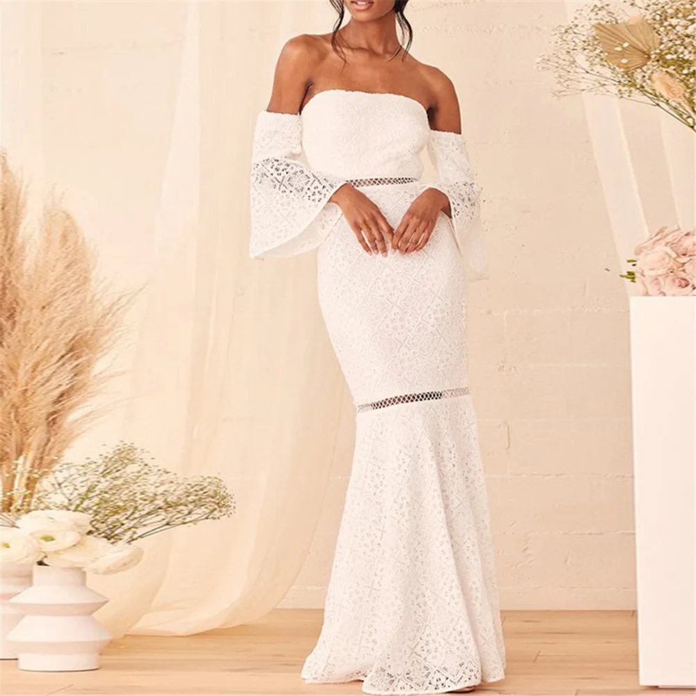 

Elegant Women Dress Fashion Chic Solid Color Shoulder Off Half Sleeve Mesh Lace Patchwork Slim Pullover Sexy Ladies Party Dress