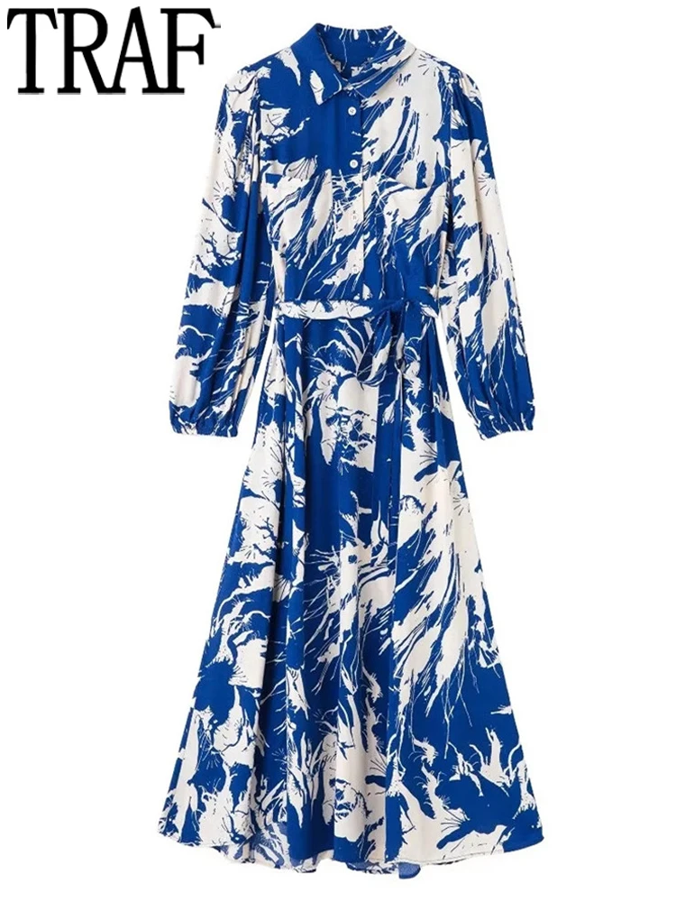 

TRAF 2022 Print Shirt Dress Woman Tied Belt Summer Long Dress Women Long Sleeve Elegant Dresses For Women Casual Women's Dresses