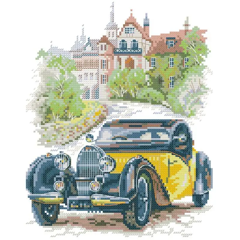 

NKF Stamped Cross Stitch Set Yellow Classic Car Pattern Aida 14CT White 11CT 16CT Canvas Printed Fabric DIY Hand Embroidery Kit