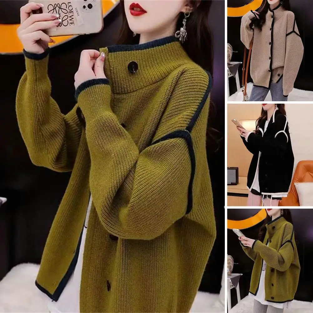 

Versatile Women Sweater Coat Stylish Knitted Cardigan Women's Autumn Winter Sweater Coat with Stand Collar Long Sleeve Loose Fit