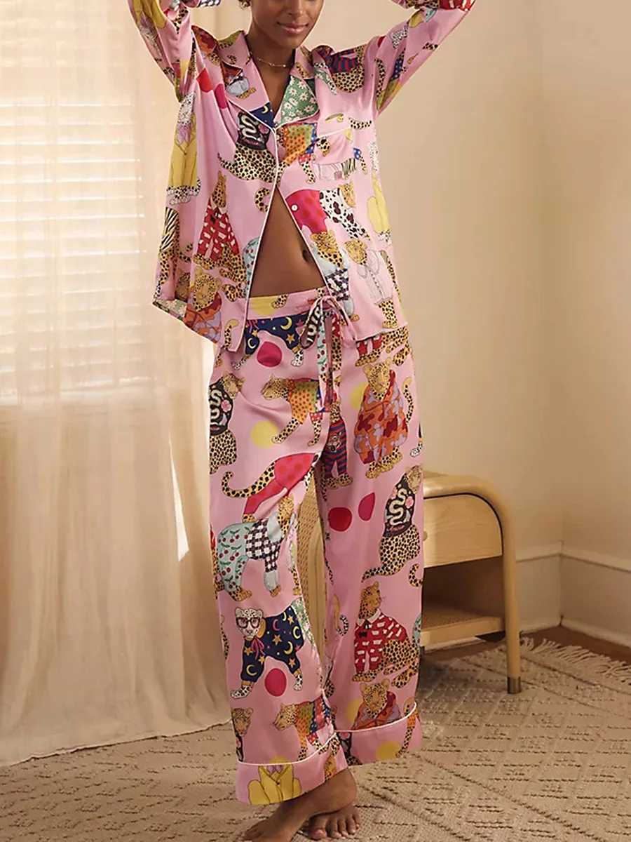 Женский пижамный комплект уютный осенний топ с принтом гепарда воротником