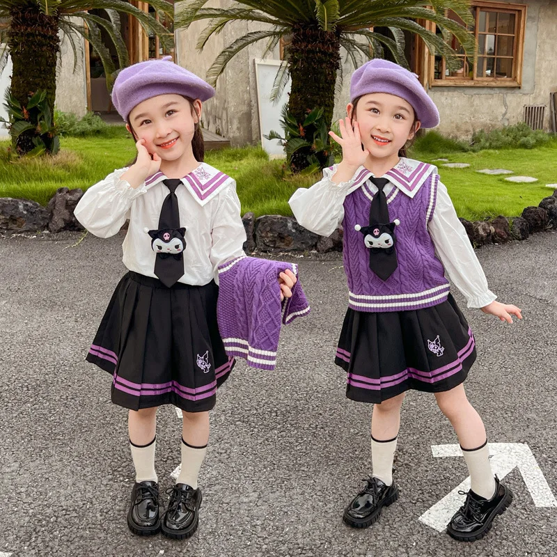 Sanrioes Anime Kuromi Cinnamoroll Kids Girls Jk Uniform Vest Long Sleeved Shirt Pleated Skirt Three Piece Set Y2K College Style