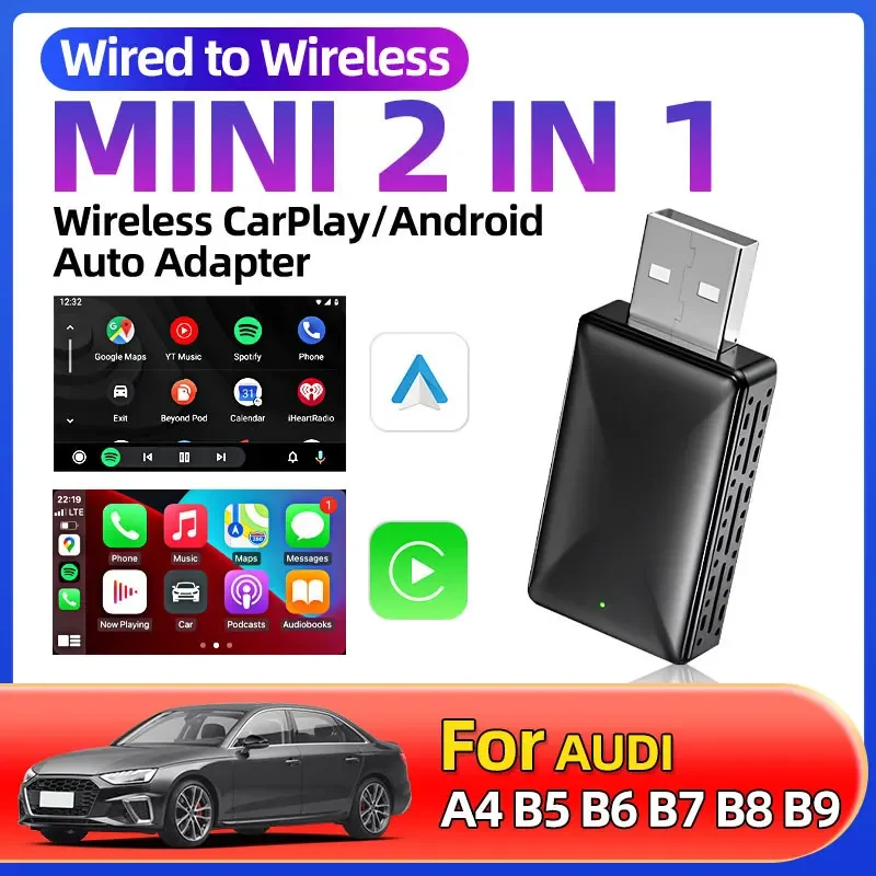 Для Audi A4 B5 B6 B7 B8 B9 2025 Беспроводной адаптер Carplay Android Auto смарт-ключ 2 в 1 Wi-Fi Быстрое