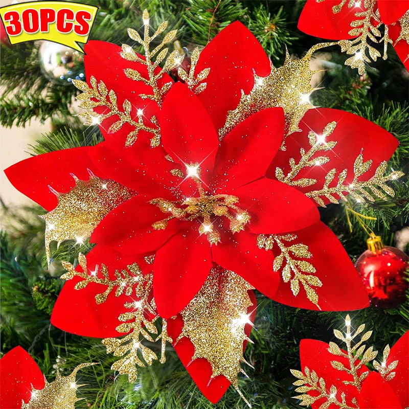 Рождественские искусственные цветы золотые красные блестящие пуансеттии с