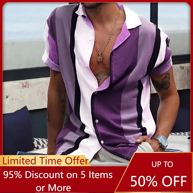 

Мужская рубашка с воротником в полоску, Уличная Повседневная дышащая удобная рубашка с воротником на пуговицах, с коротким рукавом, коричневого цвета, на лето