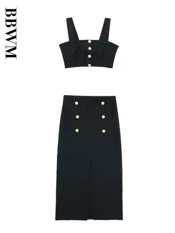 Women Summer Fashion Breasted Decorate Skirts Sets 2023 Female Straight Collar Sleeveless Strap Short Top Mid Waist A-Line Skirt