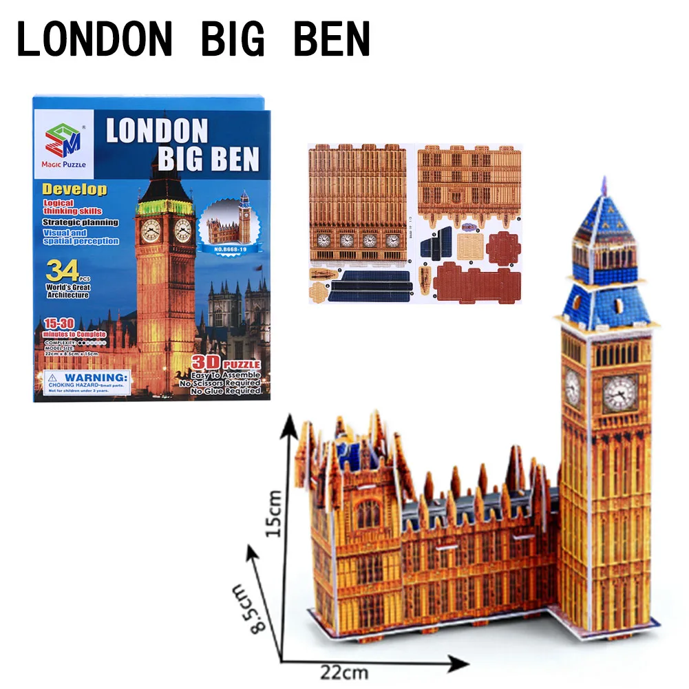 3D DIY Assemble Puzzle Collection Decoration Big Ben Jigsaw Toys 34 Pieces Craft Brain Teaser Building Model Kits for Adult Kids