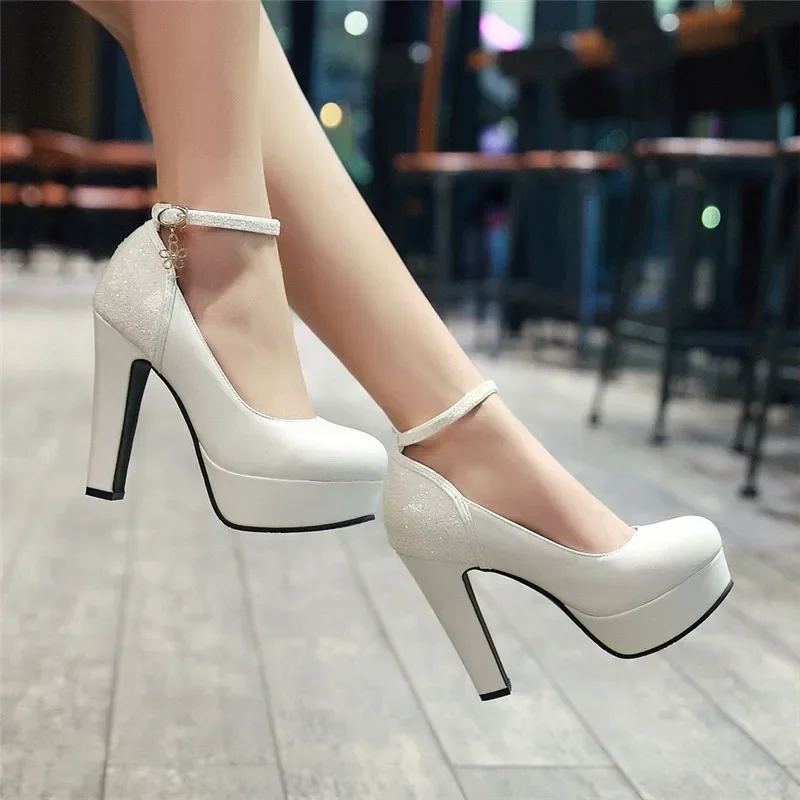 

New Women's High Heels Pumps Sexy Bride Party Thick Heel Round Toe leather High Heel Shoes for office lady Women