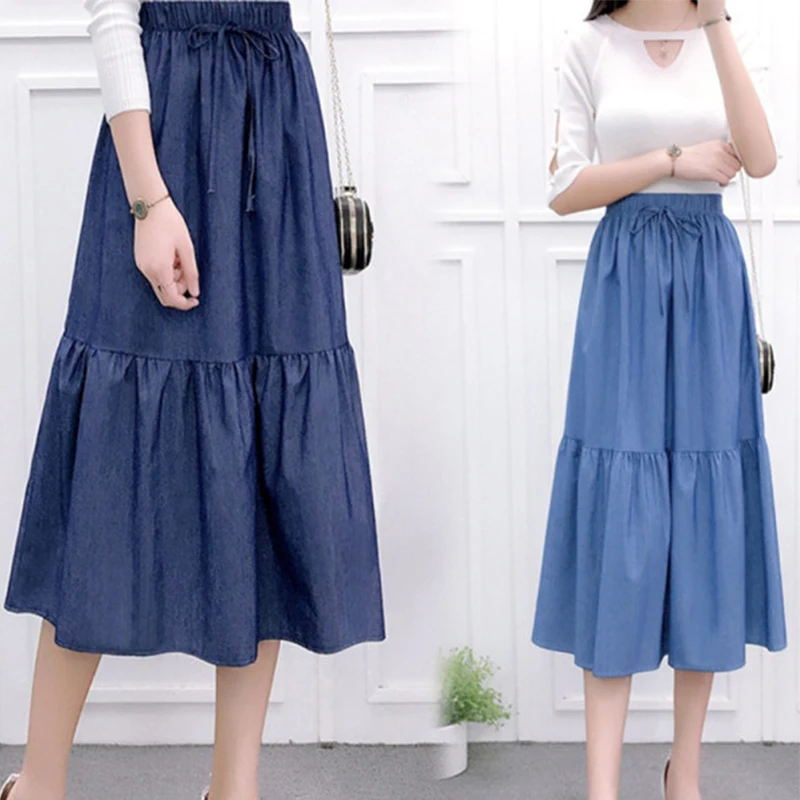 

New Spring Summer Women A-Line Skirt High Waist Loose Large Swing Long Casual Pleated Skirts Solid Plus Size Midi Saia