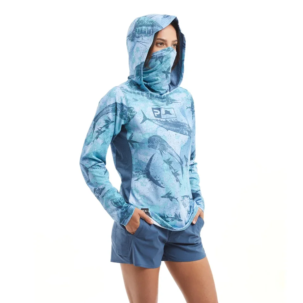 

Pelagic Fish Hoodies Women Mask Cap Exo-Tech Hoody LS Fishing Shirts UPF50 Camisa Angling Tops Wear Scarf Muff Apparel Jersey