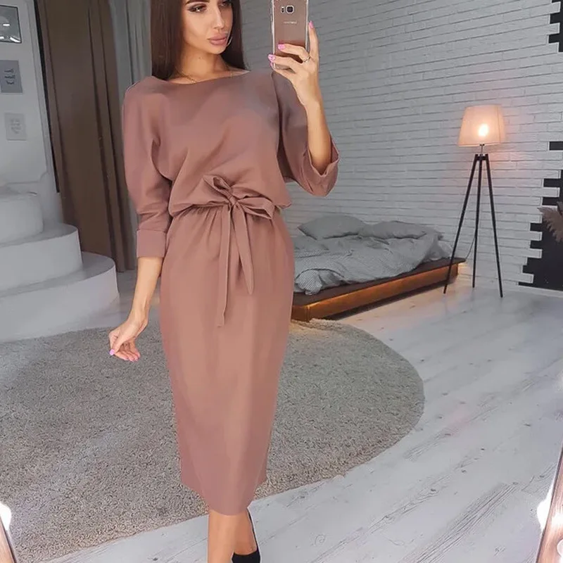 

Sexi Dress 2022 Spring Autumn Dress Solid Color V-Neck Round Neck Front and Back Two A-Line Belt Women's Dresses A622