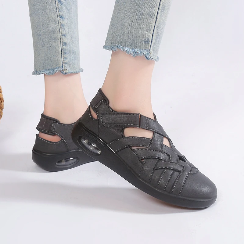 

Anti-skid Air Cushion Soft Leather Women Shoes Flats Ladies Plus Big Size 41 42 43 44 Pure Black Spring Summer