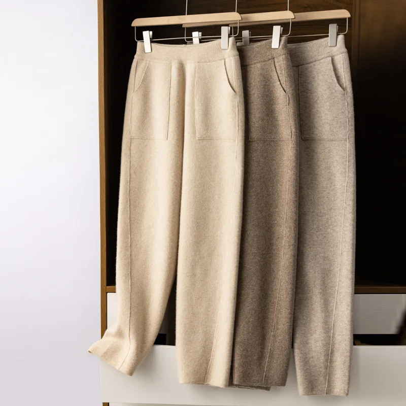 High-waist outer wear new 100% pure wool trousers for women thickened draped hallen trousers radish wool trousers