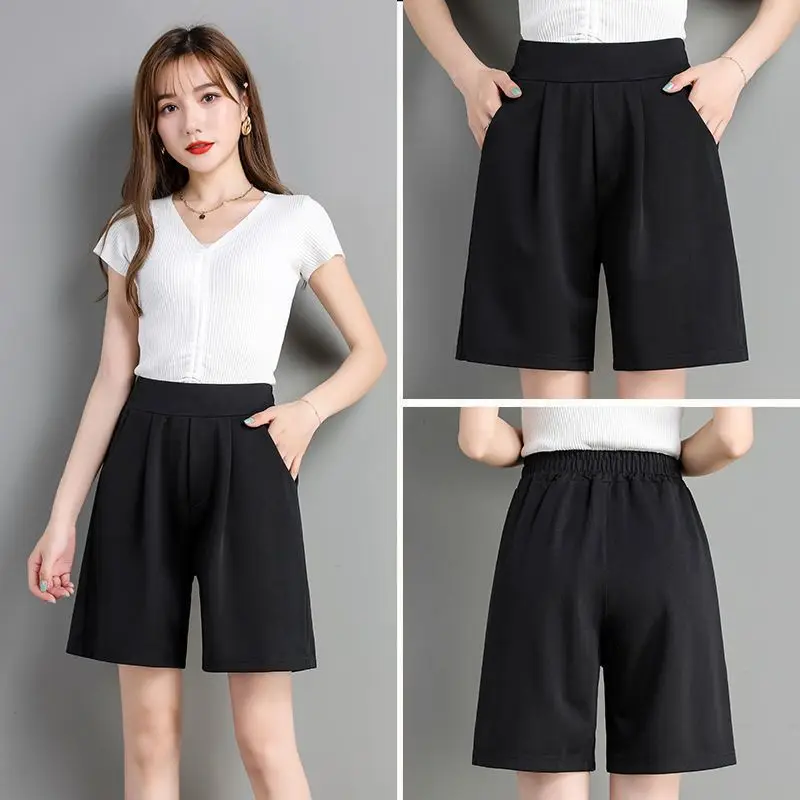 Summer New Ice Silk High Waist Black Capris Pants Solid Color Loose All-match Plus Size Shorts Casual Fashion Women Clothing