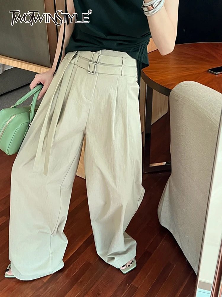 

TWOTWINSTYLE Solid Casual Pants For Women High Waist Double Belt Fold Minimlist Chic Temperament Wide Leg Pant Female Fashion