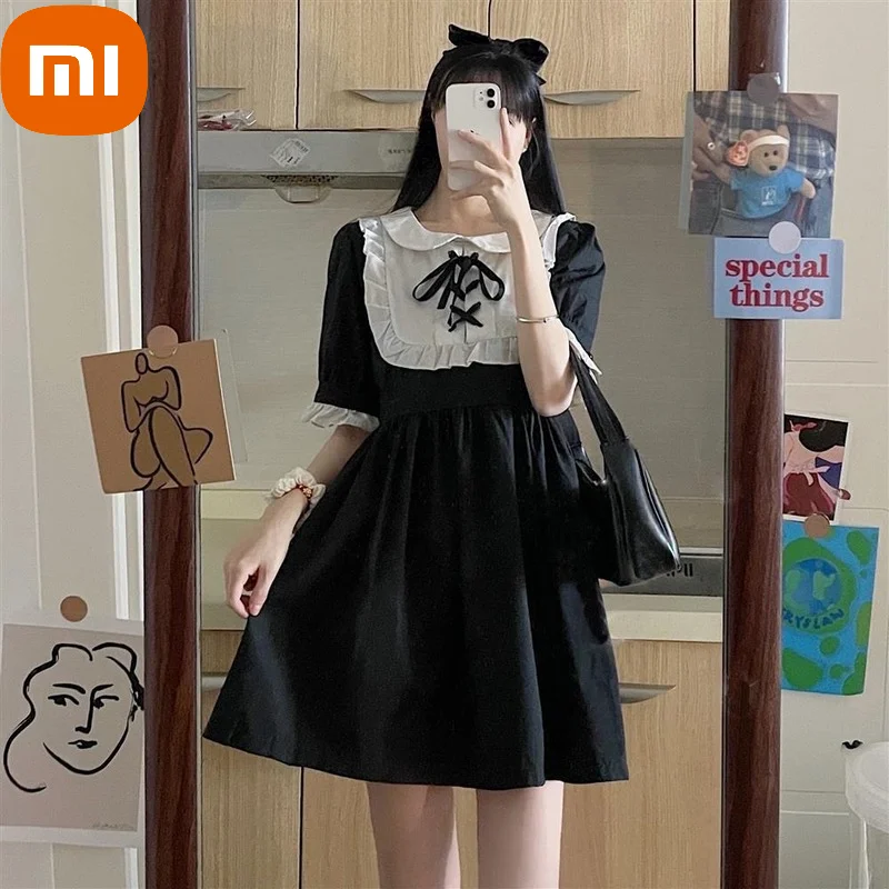 

Xiaomi Kawaii Lolita Dress Women Bandage Patchwork Maid Dresses Peter Pan Collar Preppy Style Ruffles Sundress Summer