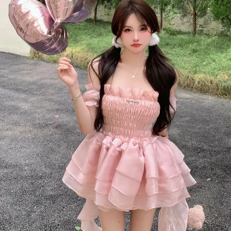 

Super Immortal Small Women's Summer Pink Bra One Shoulder High Grade Fluffy Cake Sweet Spicy Unique Amazing Dress