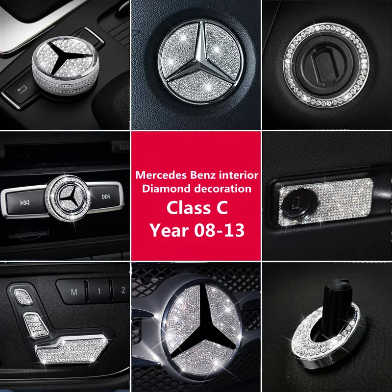 

For Mercedes Benz Accessories CClass W204 W205 C200 C180 Bling Sticker Interior Parts Decorations Trim Crystal Shining Silver