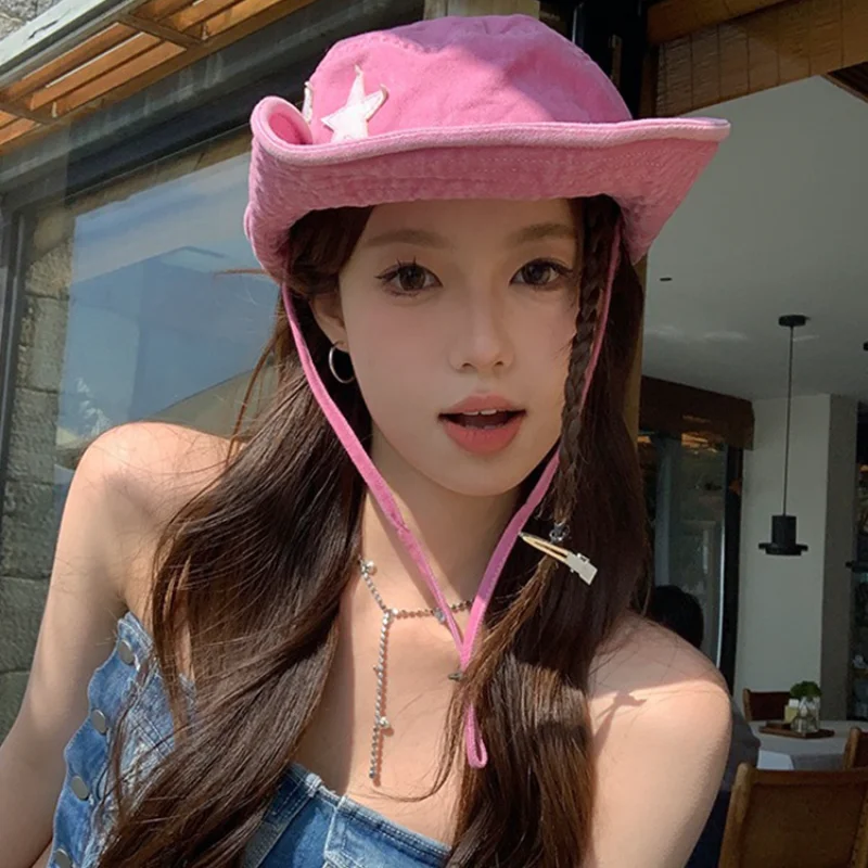 

Панама в стиле ретро с розовыми звездами, Y2K, в стиле панк, женская шляпа с большими полями и защитой от солнца, Мужская Уличная шляпа для весны и лета, 2023