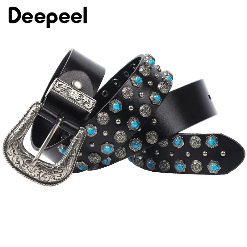 1Pc Deepeel 3.8*105-125cm Luxury Belts for Women Jeans Punk Rivets Turquoise Inlay Decor Waistband Embossing Pin Belt Buckle