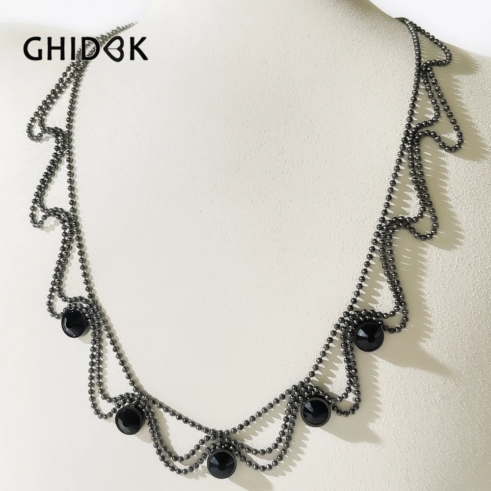 

GHIDBK Pretty Stainless Steel Black Plated Tiny Beads Lace Choker Necklace with Cz Zircon Gothic Wedding Bride Jewelry Retro