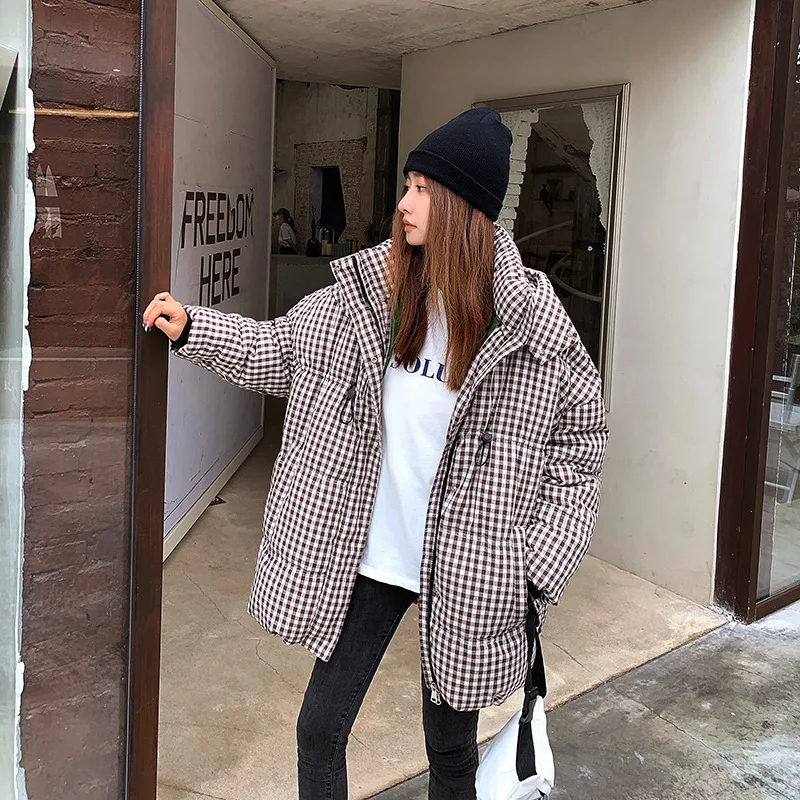 Cotton Padded High Waist Plaid Hooded Snow with Belt Light Weight Jacket Coat Warmer Parka Parka for Women Winter Puffer Jacket
